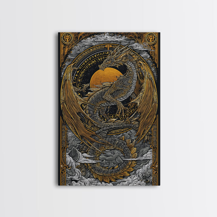 Canvas Gold Art of Jörmungandr Norse Dragon, Viking Myth Canvas Art framed in real wood, Nordic decor perfect for office or study