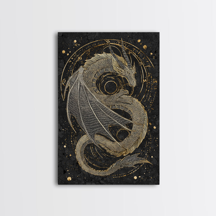 Nordic Dragon Canvas Gold Art, Viking Mythology Canvas Art for Man Cave or Office, framed in natural real wood for dad gift
