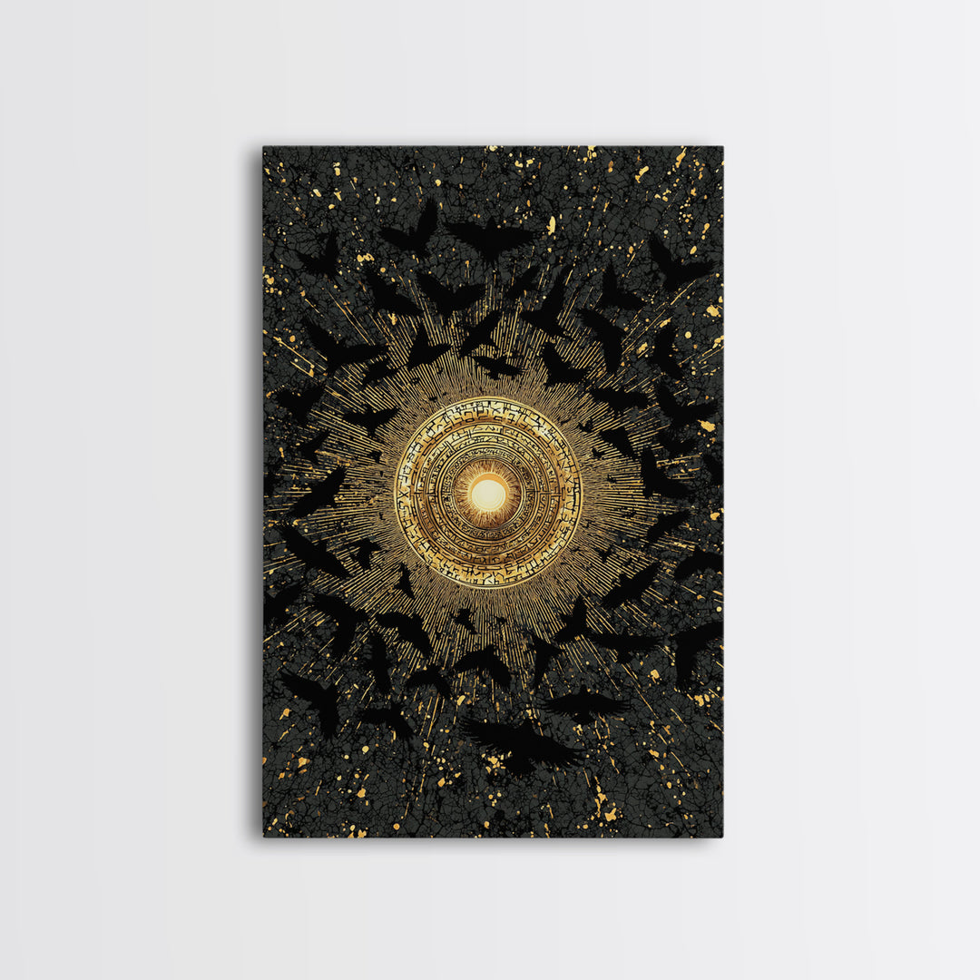 Canvas Art Norse Ravens and Sun Wheel, Canvas Gold Art Viking Decor with runes, framed in real wood, Nordic mythology gift for dad