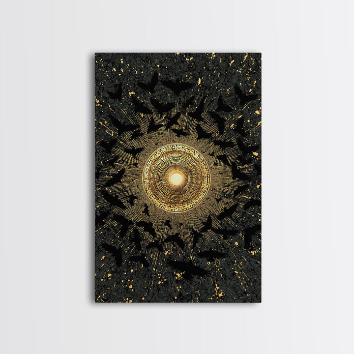 Canvas Art Norse Ravens and Sun Wheel, Canvas Gold Art Viking Decor with runes, framed in real wood, Nordic mythology gift for dad