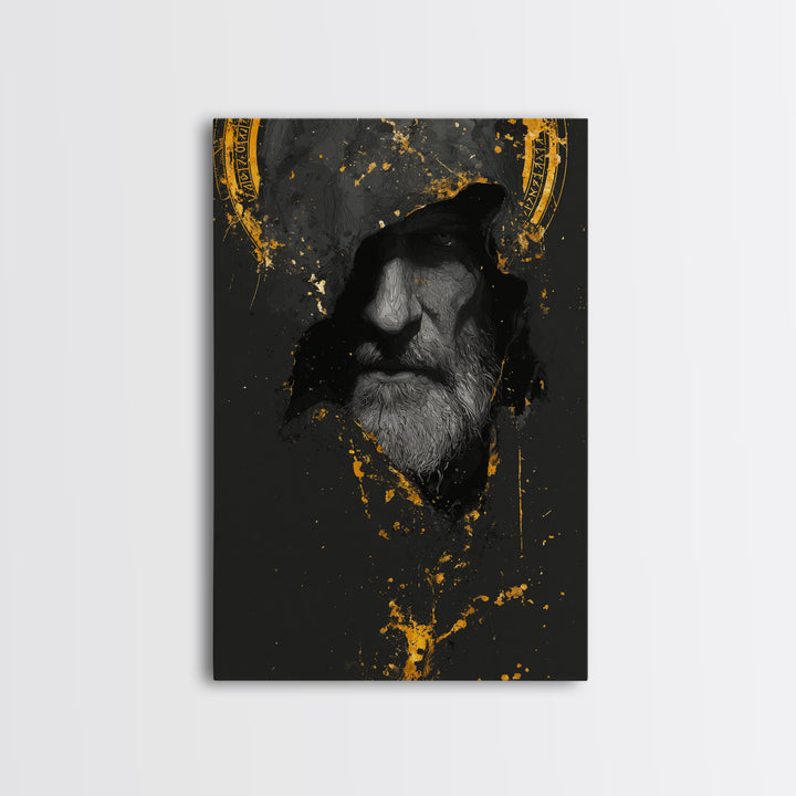 Odin Canvas Gold Art Norse God Portrait, Viking Mythology Canvas Art with real wood frame, masculine Nordic wall art for man cave