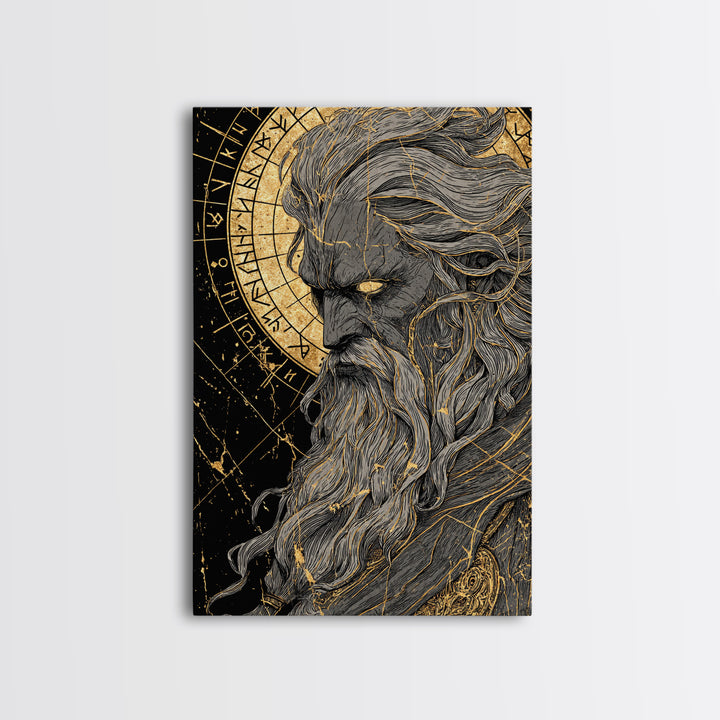 Canvas Gold Art Norse Allfather Odin, Viking Mythology Canvas Art framed in real wood, Nordic wall decor perfect as office or dad gift