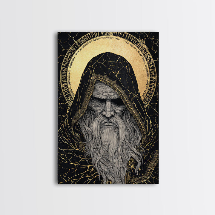 Norse God Odin Canvas Gold Art, Viking Mythology Canvas Art in natural wood frame, powerful Nordic wall art for office or man cave