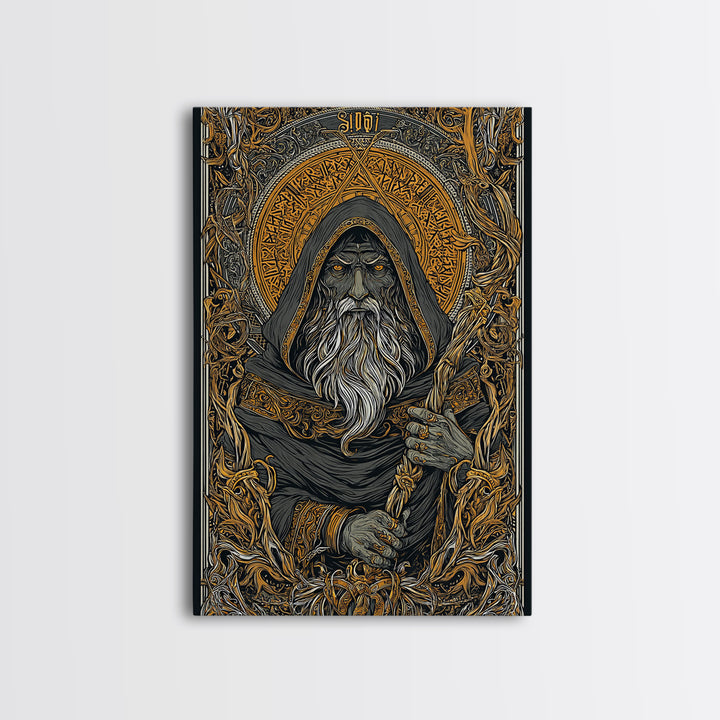 Viking Odin Canvas Gold Art, Nordic Mythology Canvas Art with real wood frame, masculine office wall art or unique Norse gift for dad