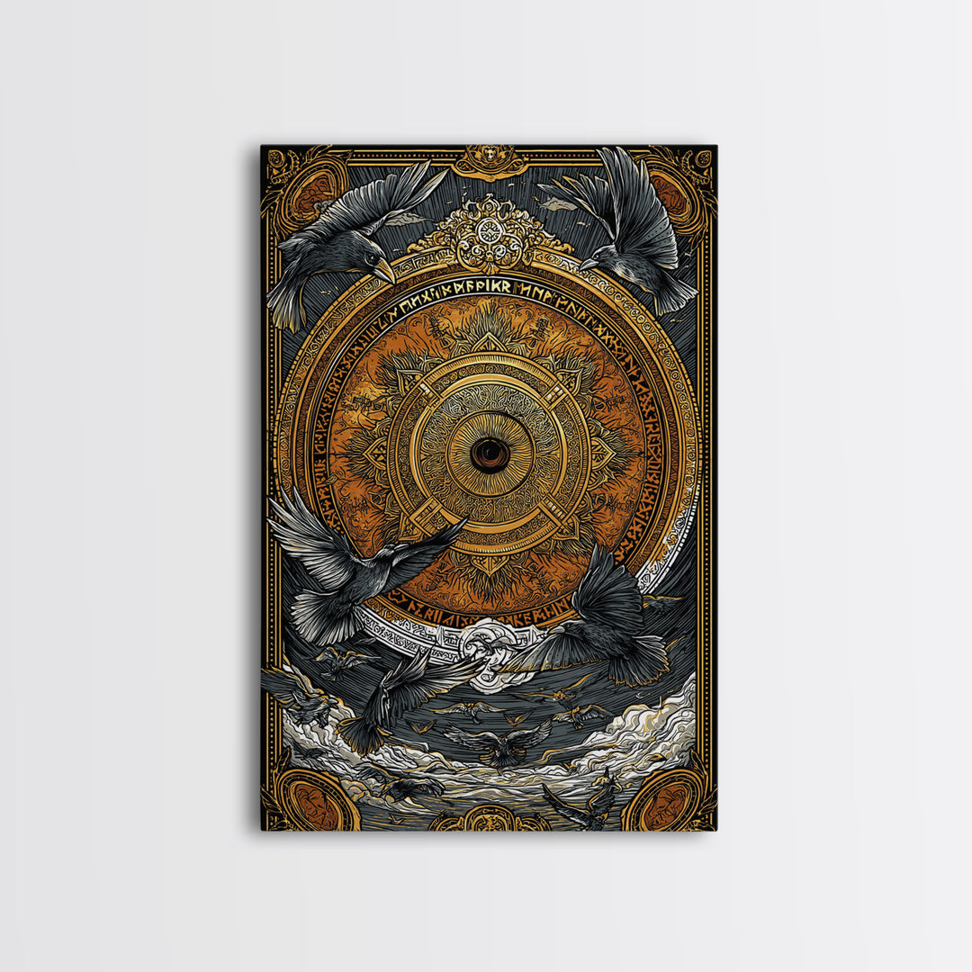 Huginn and Muninn Canvas Gold Art, Odin’s Ravens Norse Mythology Canvas Art in real wood frame, Nordic office or man cave wall decor