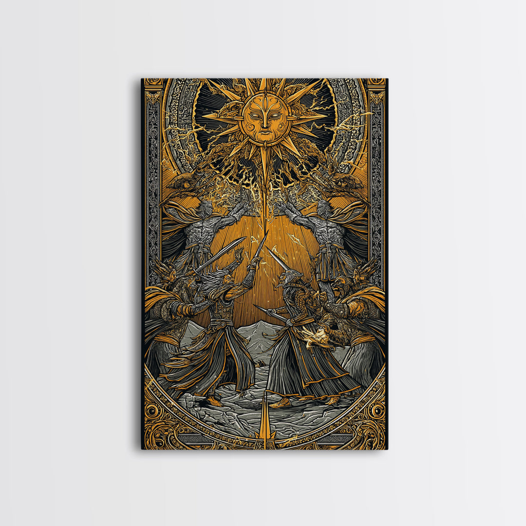 Ragnarök Battle Canvas Gold Art, Viking Apocalypse Norse Myth Canvas Art in real wood frame, Nordic wall art for man cave or office