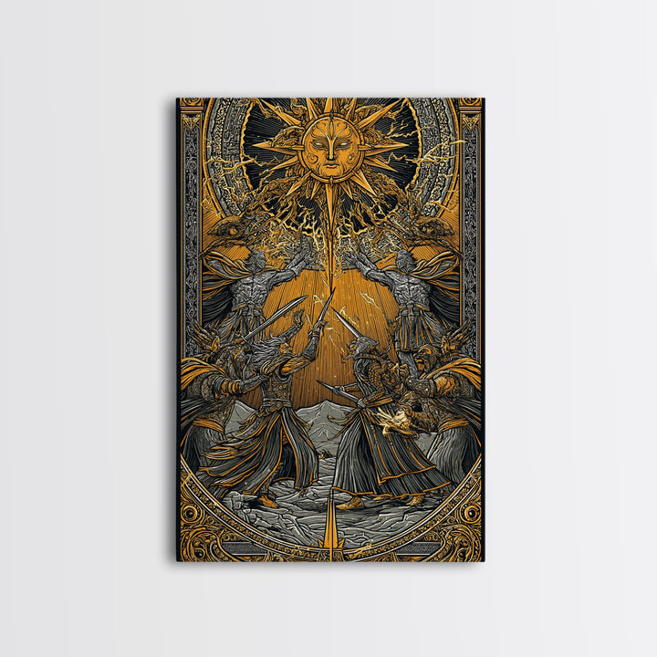 Ragnarök Battle Canvas Gold Art, Viking Apocalypse Norse Myth Canvas Art in real wood frame, Nordic wall art for man cave or office