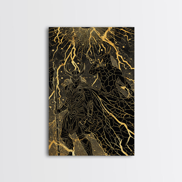 Ragnarok Norse Mythology Wall Decor, Canvas Gold Art and Canvas Art with Thor and Loki, Viking Battle Design framed in real wood