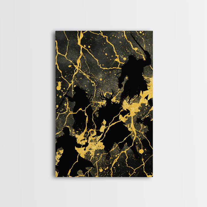 Epic Ragnarok Battle Scene Nordic Wall Art, Canvas Gold Art and Canvas Art, Norse Gods Lightning Design with natural wood frame