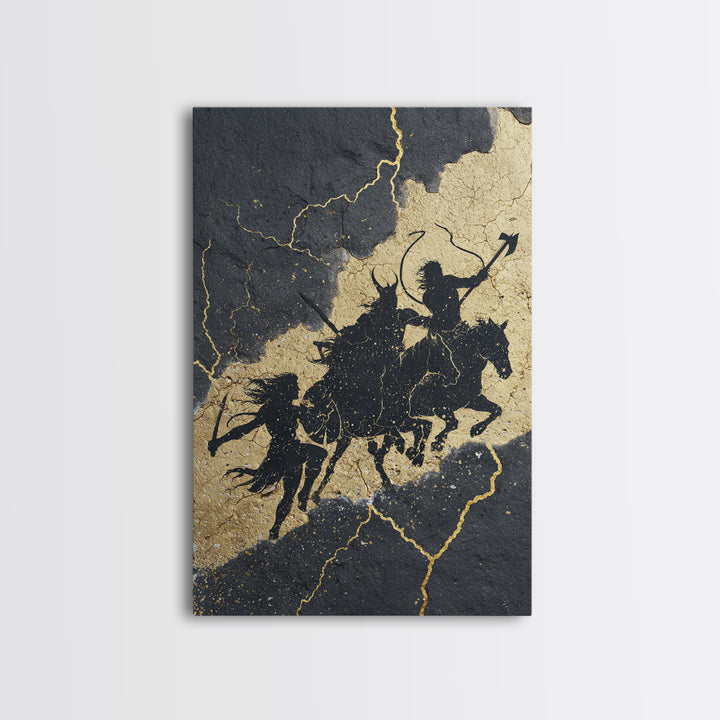 Valkyrie Ride Canvas Gold Art, Norse Mythology Warrior Women Canvas Art framed in natural wood, Viking man cave or office wall decor