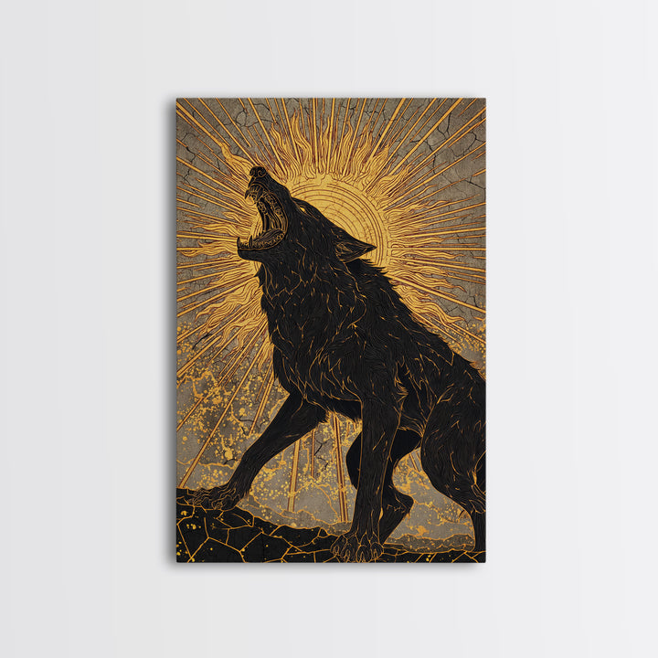 Nordic Fenrir Wolf Canvas Art, Canvas Gold Art with Norse Mythology Sun Chaser Wolf, Man Cave Decor framed in authentic wood