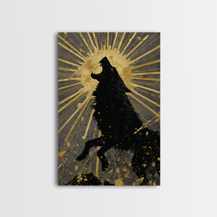 Fenrir Howling Wolf Canvas Gold Art, Norse Mythology Canvas Art with Viking Wolf Symbolism, Office Wall Decor in real wood frame