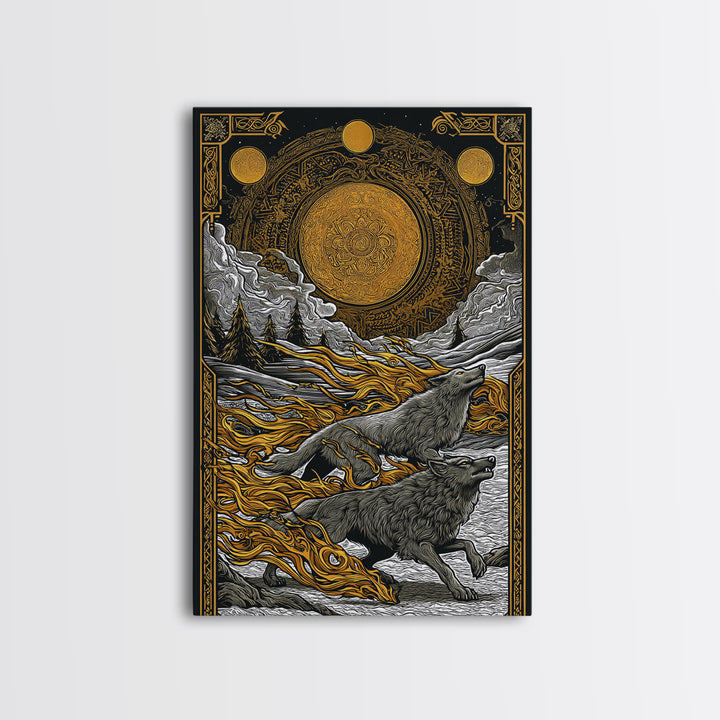 Sköll and Hati Wolves Norse Mythology Art, Canvas Gold Art and Canvas Art, Viking Wolf Chasing Sun and Moon framed in wood