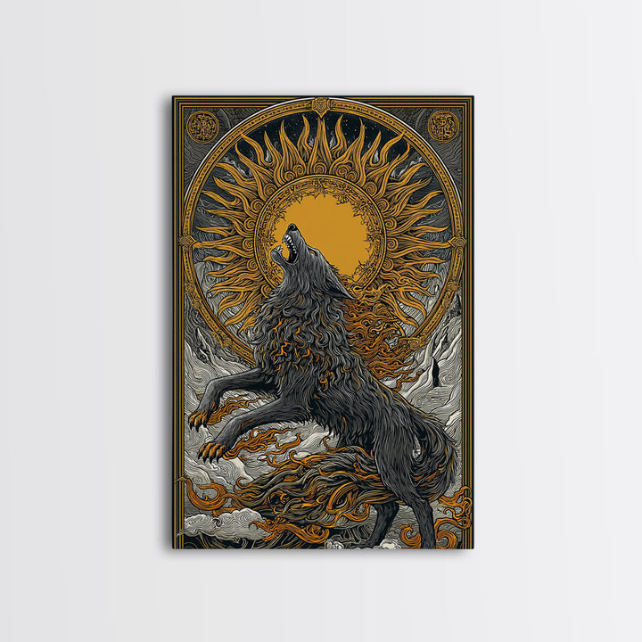 Fenrir Wolf Ragnarok Canvas Art, Canvas Gold Art with Norse Mythology Theme, Viking Wolf Office Wall Decor framed in real wood