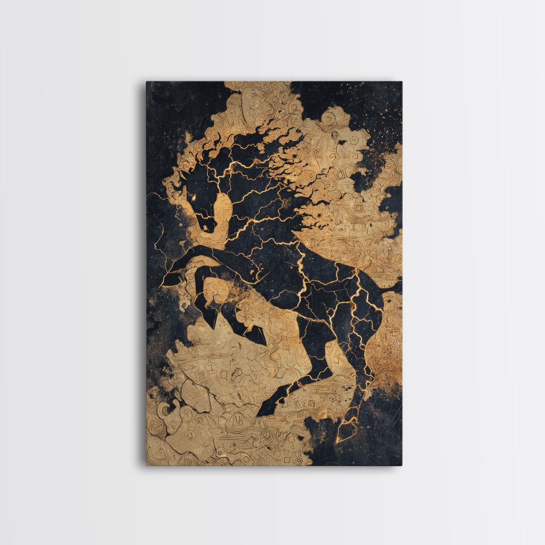 Nordic Sleipnir Horse Canvas Art, Canvas Gold Art featuring Odin’s Eight-Legged Horse, Norse Myth Wall Decor framed in natural wood