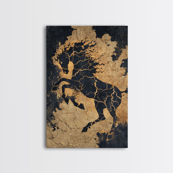 Nordic Sleipnir Horse Canvas Art, Canvas Gold Art featuring Odin’s Eight-Legged Horse, Norse Myth Wall Decor framed in natural wood