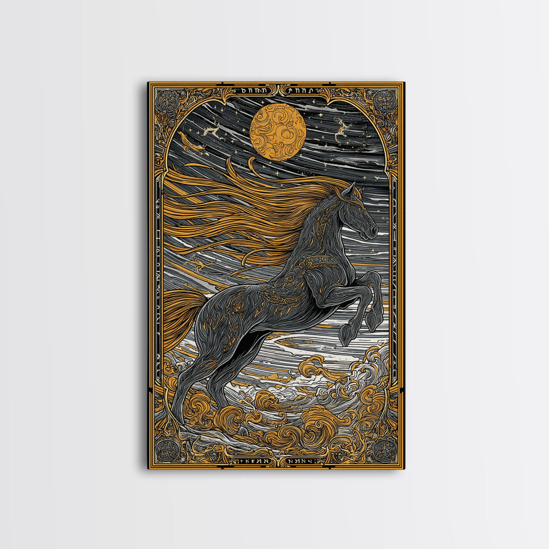 Sleipnir Norse Myth Horse Wall Decor, Canvas Gold Art and Canvas Art, Viking Equestrian Nordic Office Art framed in natural wood