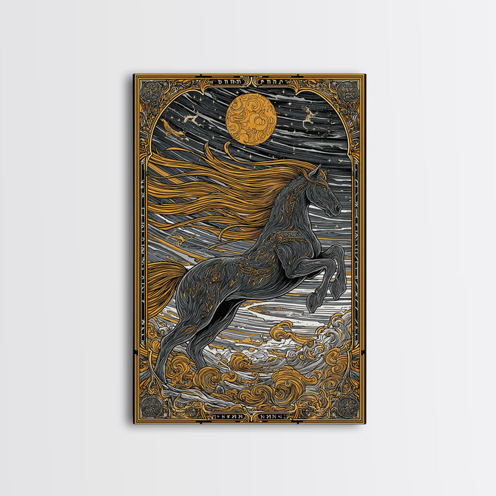 Sleipnir Norse Myth Horse Wall Decor, Canvas Gold Art and Canvas Art, Viking Equestrian Nordic Office Art framed in natural wood