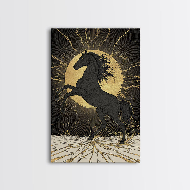 Sleipnir Norse Horse Canvas Gold Art Nordic Mythology Canvas Art for Office or Man Cave, framed in natural real wood