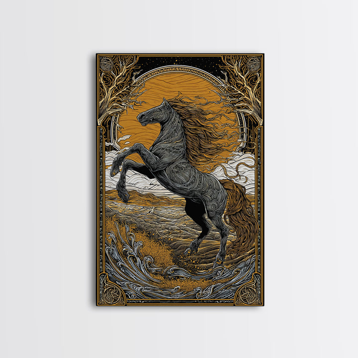 Canvas Gold Art Sleipnir Norse Mythology Horse Wall Canvas Art Nordic Viking Decor Dad Gift Office Art in rustic real wood frame
