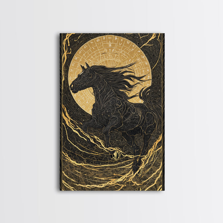 Sleipnir Odin’s Horse Norse Mythology Wall Decor, Canvas Gold Art and Canvas Art, Viking Horse Office Art framed in real wood