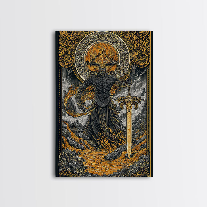Surtur Fire Giant Norse Mythology Canvas Gold Art Viking Canvas Art Dad Gift Office Wall Decor framed with natural real wood