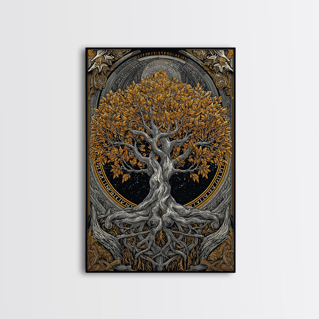 Yggdrasil World Tree Canvas Gold Art Canvas Art Norse Mythology Decor framed in natural wood for Office Wall or Man Cave Gift