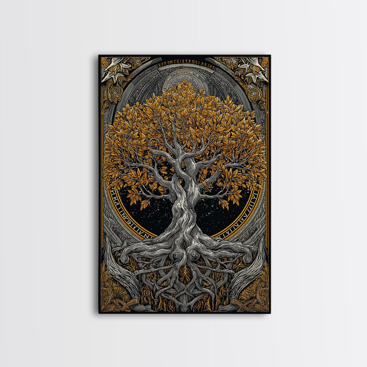 Yggdrasil World Tree Canvas Gold Art Canvas Art Norse Mythology Decor framed in natural wood for Office Wall or Man Cave Gift