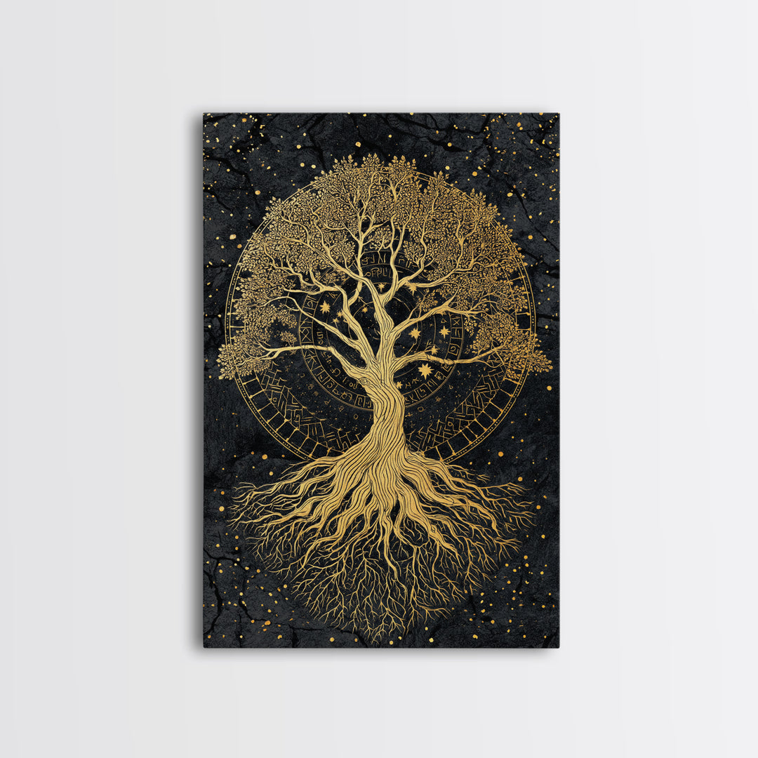 Nordic Yggdrasil Tree of Life Canvas Gold Art Canvas Art with real wood frame, Norse Mythology Office Decor and Dad Gift Idea