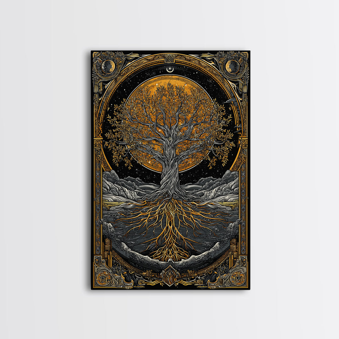 Cosmic World Tree Canvas Gold Art Canvas Art Viking Yggdrasil Norse Wall Art framed in real wood, Perfect for Man Cave Decor