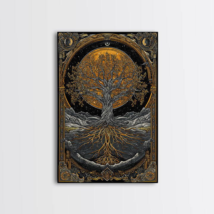 Cosmic World Tree Canvas Gold Art Canvas Art Viking Yggdrasil Norse Wall Art framed in real wood, Perfect for Man Cave Decor