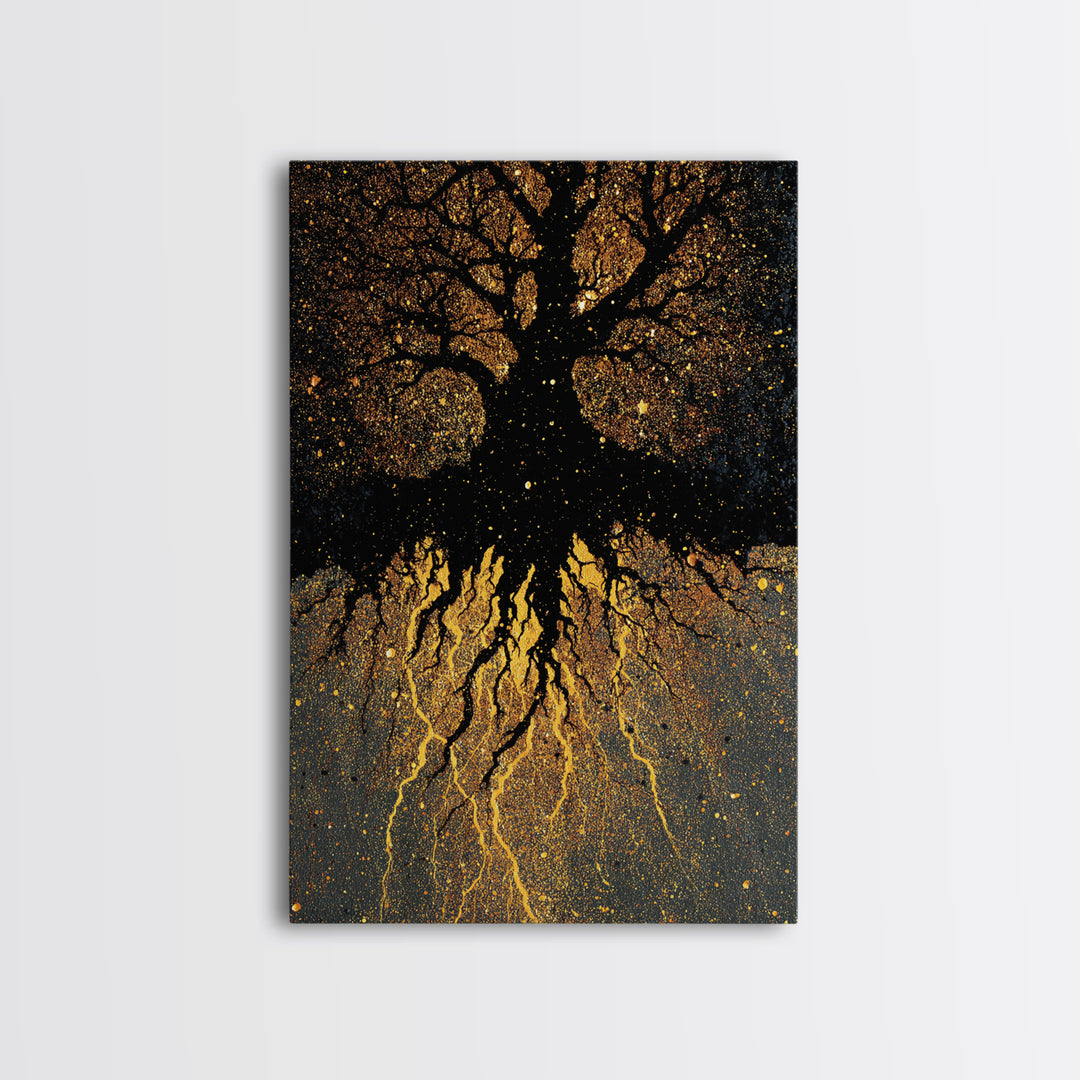 Golden World Tree Canvas Gold Art Canvas Art Norse Mythology Yggdrasil Design in natural wood frame, Office Art or Dad Gift