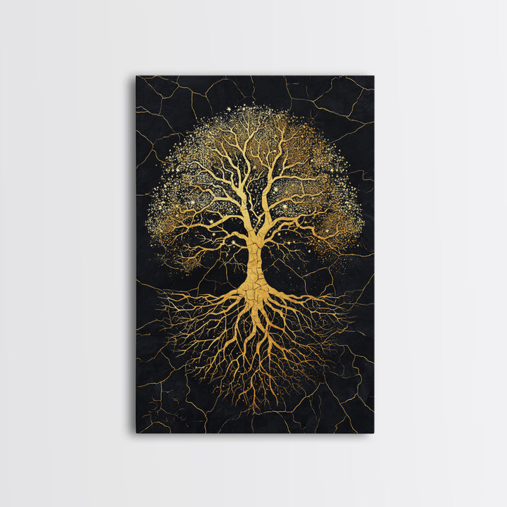 Norse Yggdrasil Tree Canvas Gold Art Canvas Art Celestial Design with roots framed in real wood, Unique Office or Man Cave Art