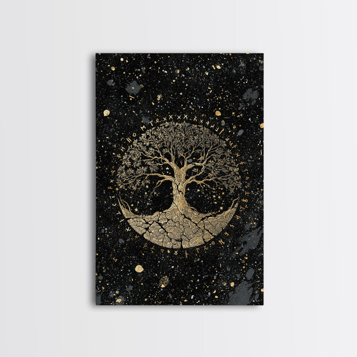 Yggdrasil World Tree Canvas Art Canvas Gold Art Norse Mythology Viking Decor Office Art Man Cave framed in handcrafted real wood