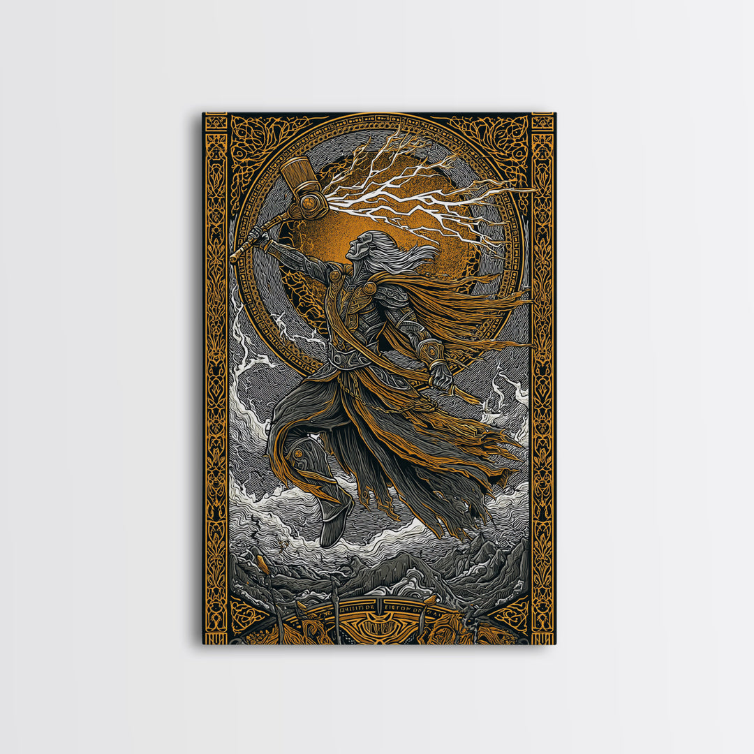 Viking Thor Strikes Canvas Gold Art Canvas Art with real wood frame, Norse Mythology Wall Art Perfect for Man Cave or Office