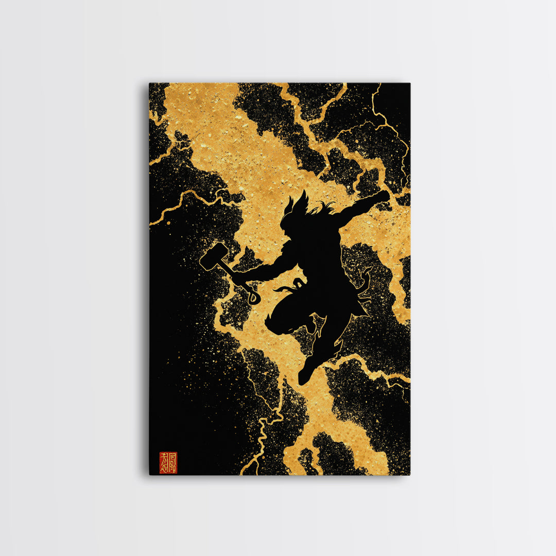 Silhouette Thor Jumping Canvas Gold Art Canvas Art Norse Viking God Wall Decor framed in natural wood, Office Art Dad Gift