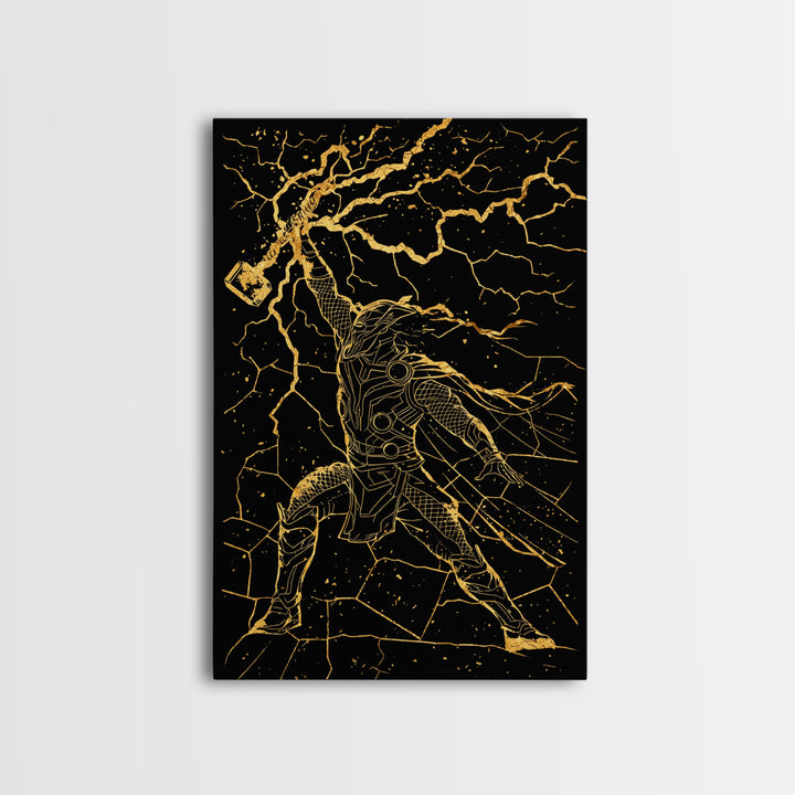 Thor with Lightning Hammer Canvas Gold Art Canvas Art Norse God Wall Art framed in wood, Viking Office Decor or Dad Gift Idea