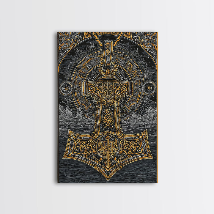 Viking Mjolnir Hammer Canvas Gold Art Canvas Art Norse Mythology Thor Symbol framed in natural wood, Office Wall Art for Men