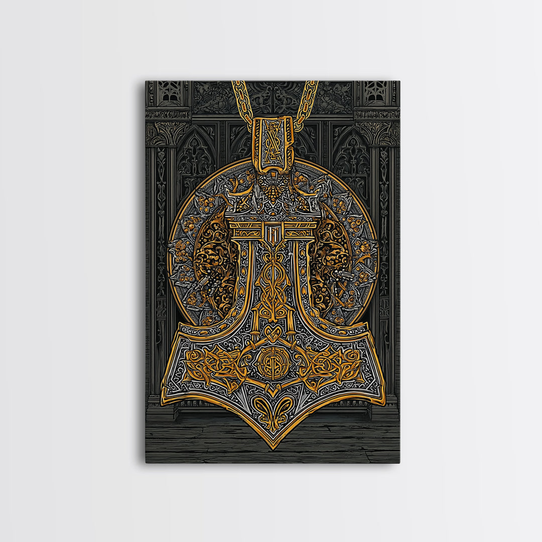 Thor’s Hammer Pendant Canvas Gold Art Nordic Canvas Art, Norse Mythology Wall Decor for Man Cave, framed in natural wood