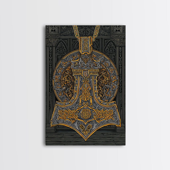 Thor’s Hammer Pendant Canvas Gold Art Nordic Canvas Art, Norse Mythology Wall Decor for Man Cave, framed in natural wood