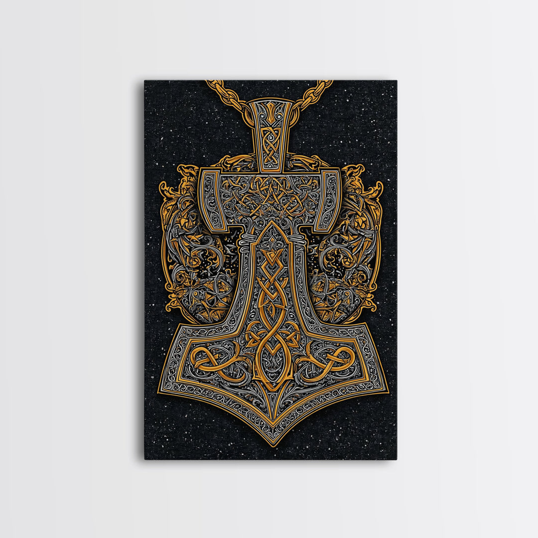 Norse Thor’s Hammer Canvas Gold Art Canvas Art Viking Mjolnir Pendant Design with real wood frame, Unique Man Cave Wall Decor