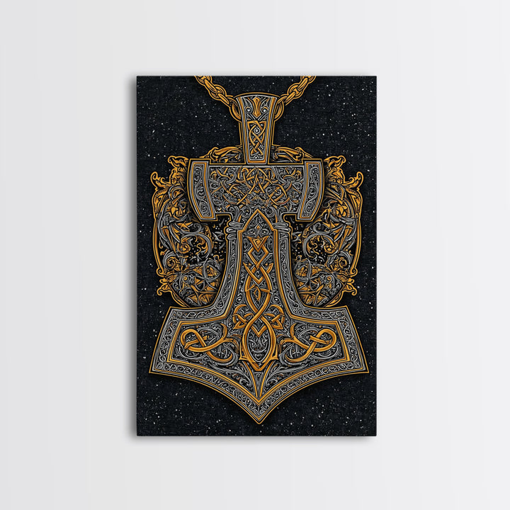 Norse Thor’s Hammer Canvas Gold Art Canvas Art Viking Mjolnir Pendant Design with real wood frame, Unique Man Cave Wall Decor