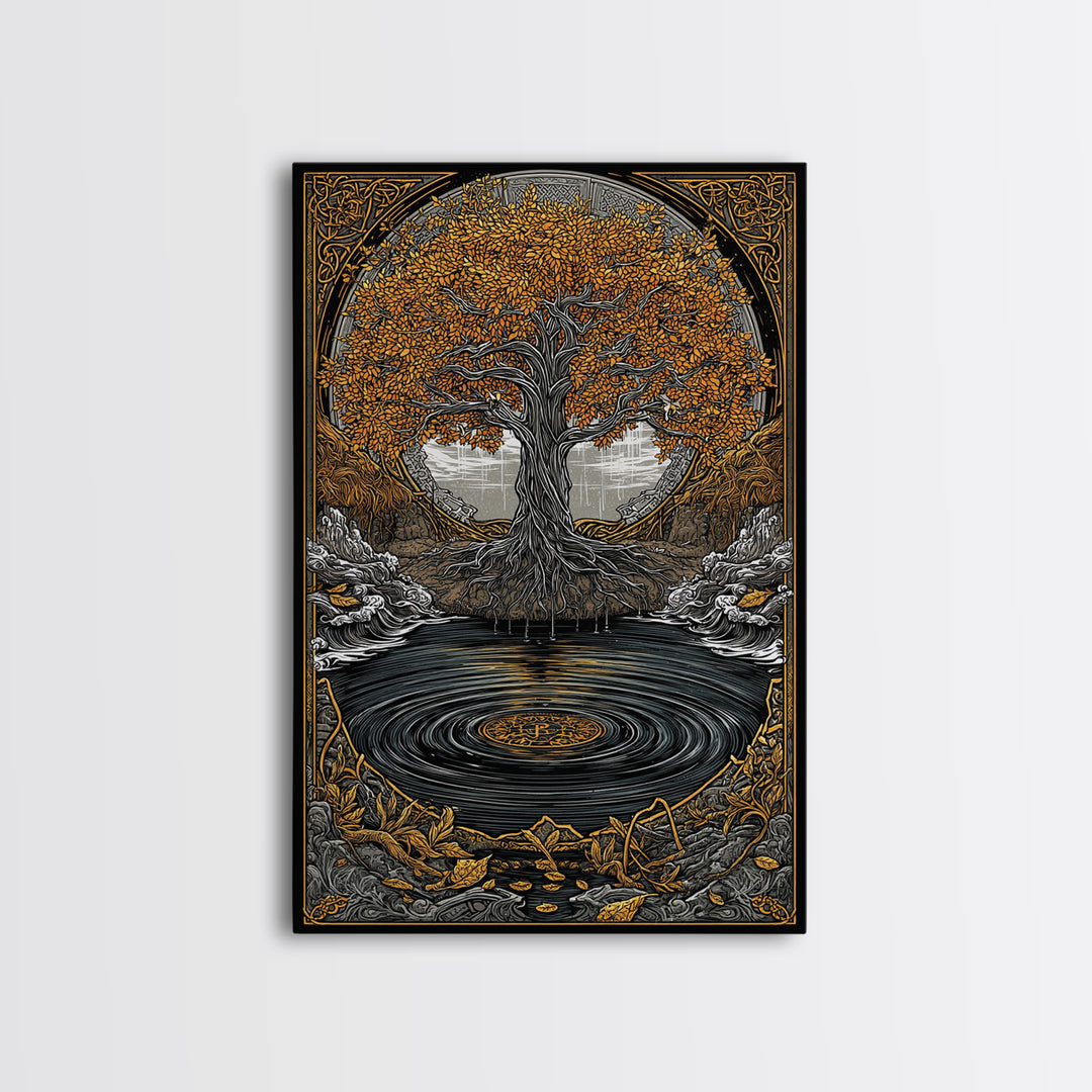 Urd and Yggdrasil Canvas Gold Art Canvas Art, Norse Norns Mythology Wall Art for Dad Gift Office Decor, with real wood frame