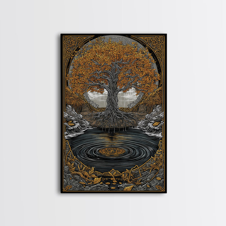 Urd and Yggdrasil Canvas Gold Art Canvas Art, Norse Norns Mythology Wall Art for Dad Gift Office Decor, with real wood frame