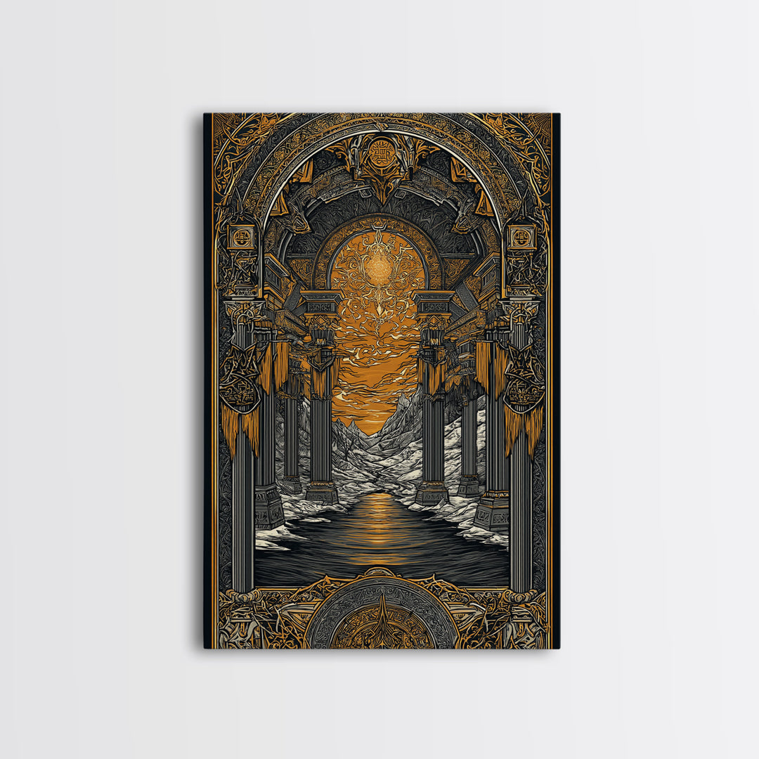 Valhalla Temple Canvas Gold Art Canvas Art, Nordic Mythology Warrior Afterlife Wall Art for Man Cave Decor, framed in wood