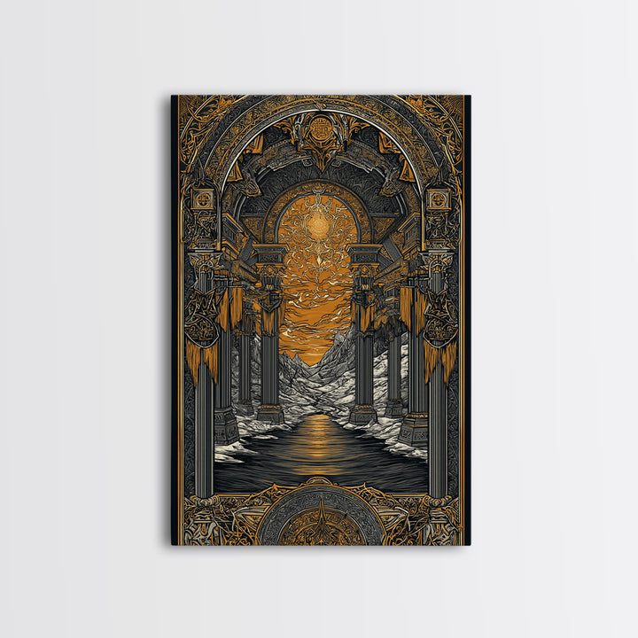Valhalla Temple Canvas Gold Art Canvas Art, Nordic Mythology Warrior Afterlife Wall Art for Man Cave Decor, framed in wood