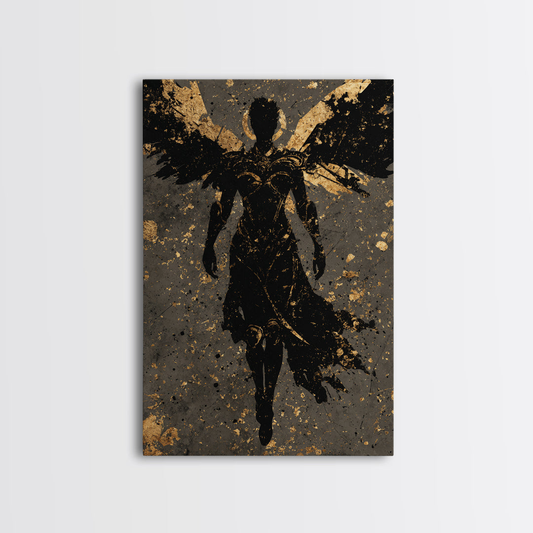 Nordic Valkyrie Canvas Gold Art Canvas Art, Norse Mythology Winged Warrior Goddess Wall Art for Man Cave Decor, framed in wood