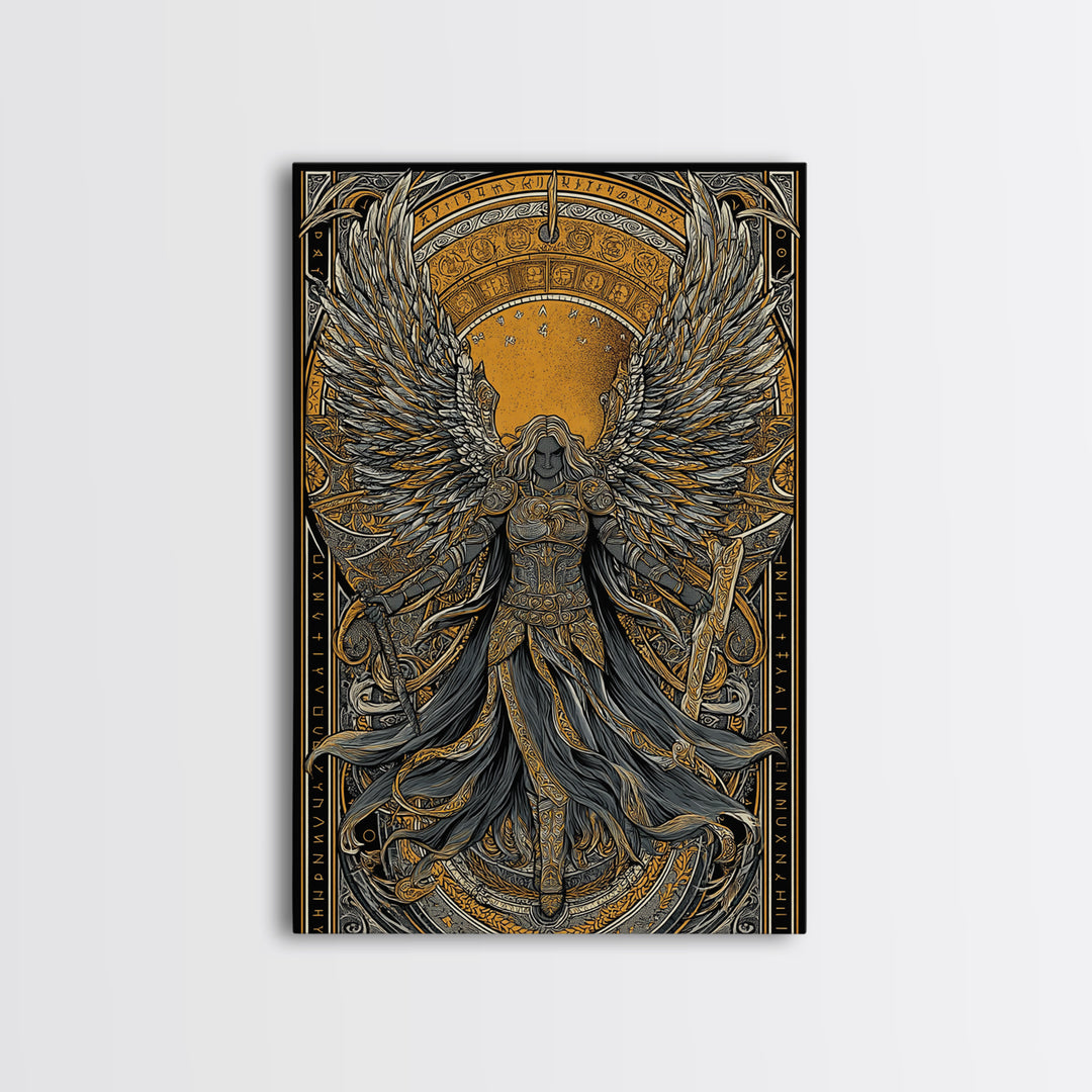 Valkyrie Ascending Canvas Gold Art Canvas Art, Norse Mythology Winged Protector Wall Decor for Dad Gift Office Art, real wood frame