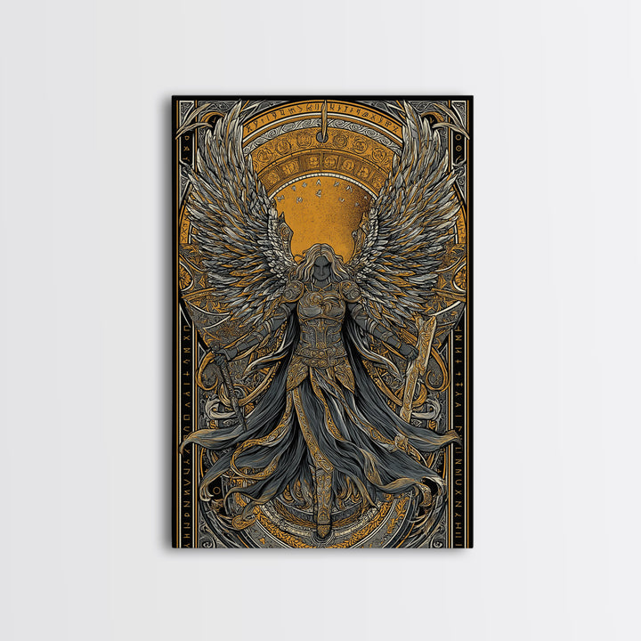 Valkyrie Ascending Canvas Gold Art Canvas Art, Norse Mythology Winged Protector Wall Decor for Dad Gift Office Art, real wood frame