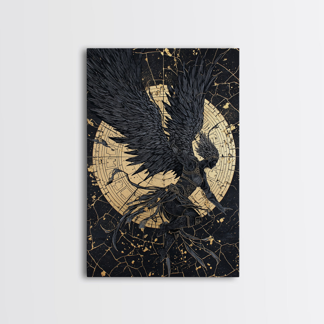 Golden Valkyrie Canvas Gold Art Canvas Art, Norse Mythology Female Warrior Wall Art for Man Cave Office Decor, in real wood frame
